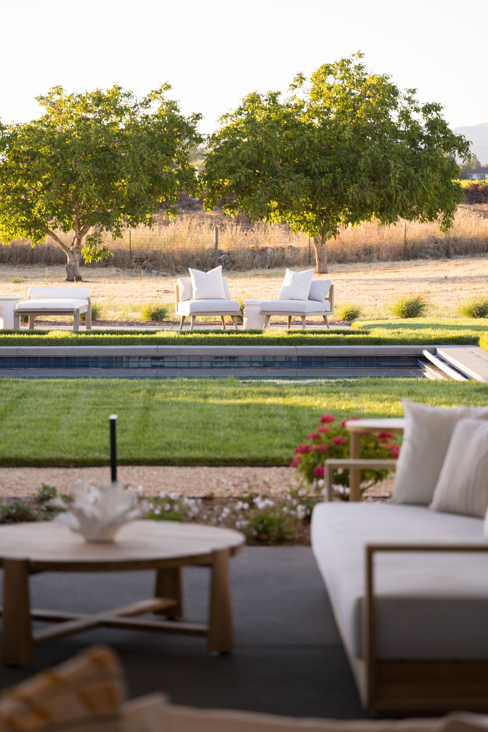 Outdoor lounge and seating area in soft morning light
