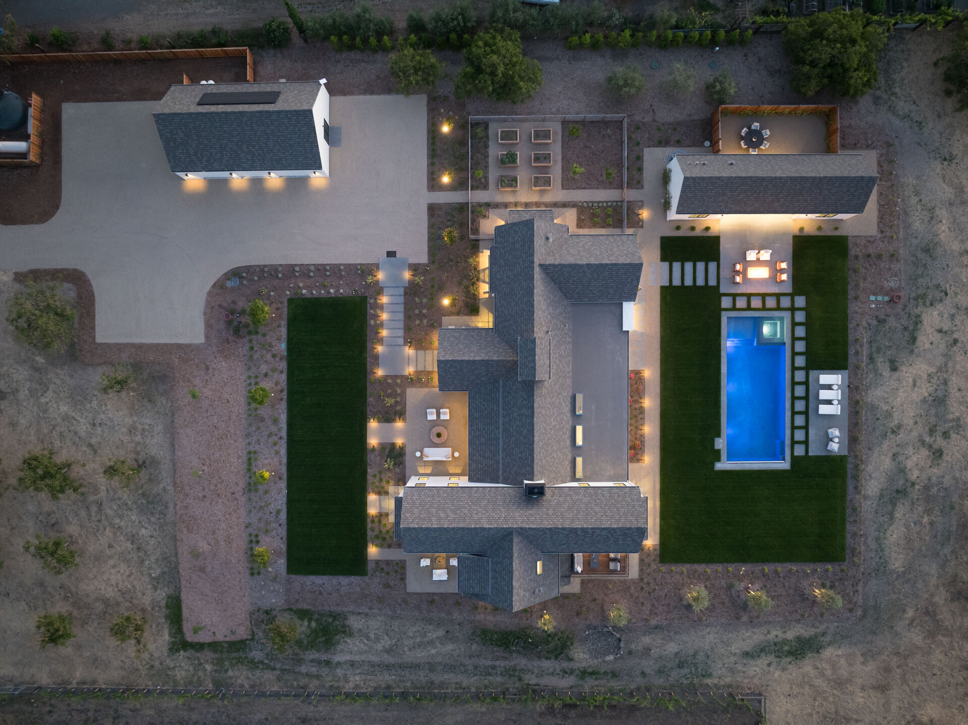 Twilight aerial view over the estate and Valley of the Moon